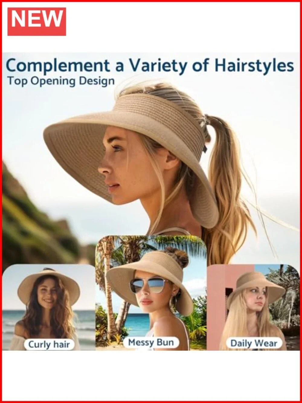 NPJY Women's Wide Brim Sun Hat Packable Roll-Up Straw Visor Open Top UV